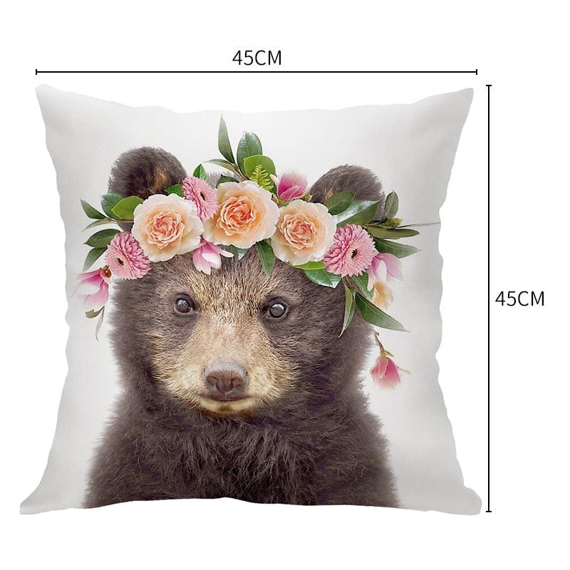 Housse de coussin en coton et lin avec motif d'adorables bébés animaux pour canapé, housses de coussin avec animaux (tigre, lapin, cheval, mouton, ours) avec des fleurs sur la tête, housses de coussin décoratives en velours 45X45CM