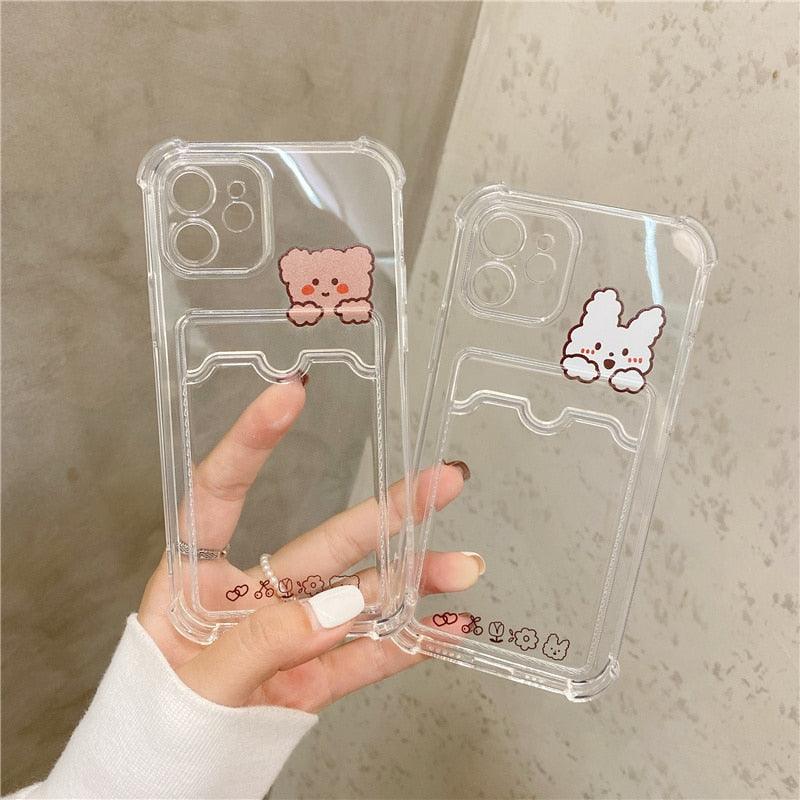 Coque de Téléphone Anti-choc Lapin Dessin Animé Ours Mignon pour iPhone 11 12 13 14 Pro Housse Souple Rigolote Ours Mignon Etui Souple et Mince avec Fente pour Cartes Esthétique Porte-Cartes