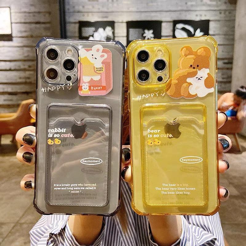 Coque de Téléphone Anti-choc Lapin Dessin Animé Ours Mignon pour iPhone 11 12 13 14 Pro Housse Souple Rigolote Ours Mignon Etui Souple et Mince avec Fente pour Cartes Esthétique Porte-Cartes