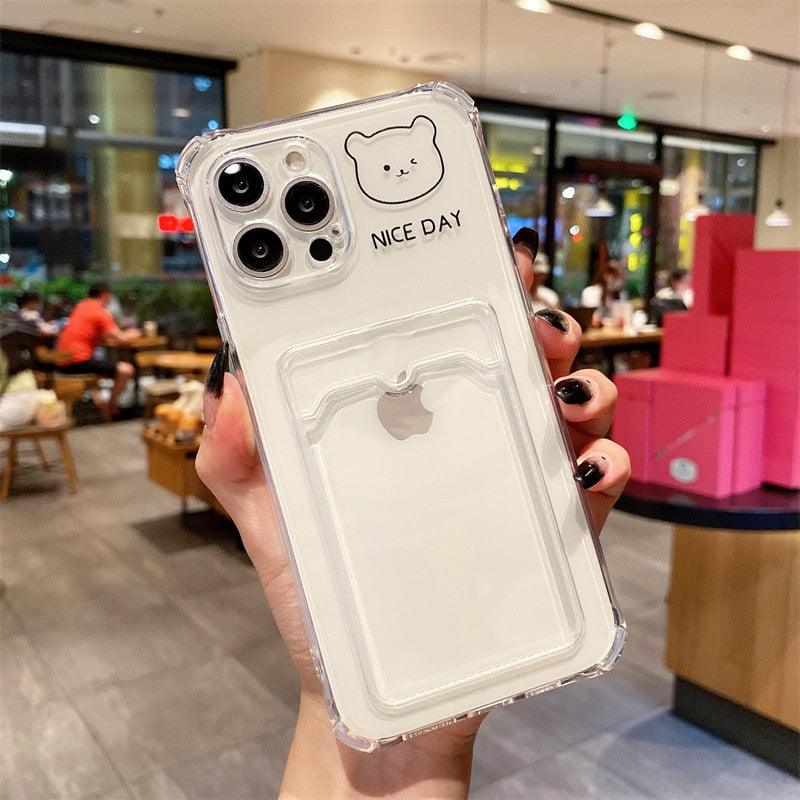 Coque de Téléphone Anti-choc Lapin Dessin Animé Ours Mignon pour iPhone 11 12 13 14 Pro Housse Souple Rigolote Ours Mignon Etui Souple et Mince avec Fente pour Cartes Esthétique Porte-Cartes