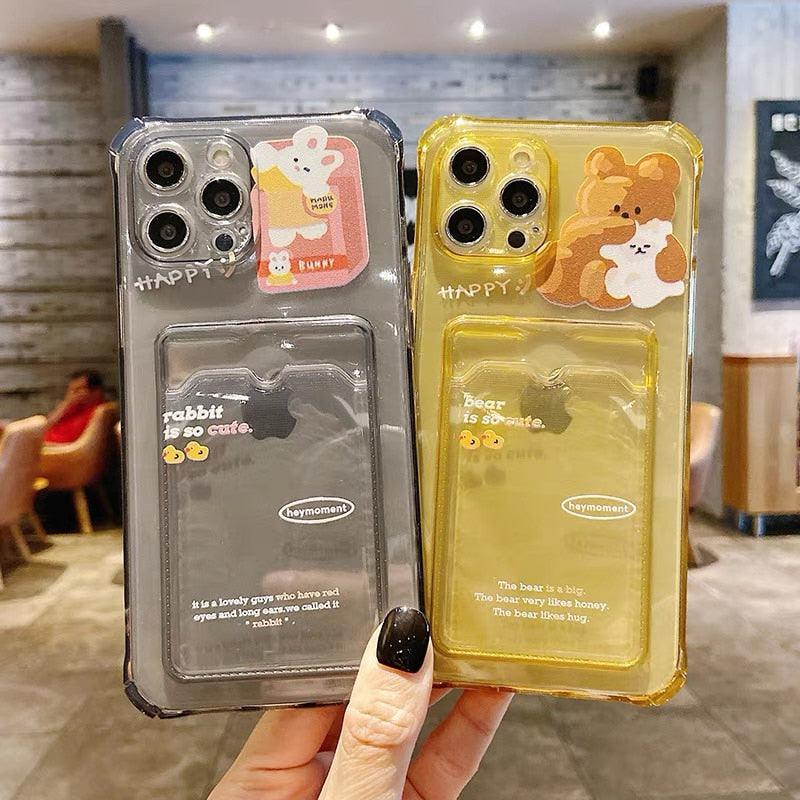 Coque de Téléphone Anti-choc Lapin Dessin Animé Ours Mignon pour iPhone 11 12 13 14 Pro Housse Souple Rigolote Ours Mignon Etui Souple et Mince avec Fente pour Cartes Esthétique Porte-Cartes
