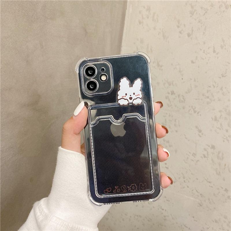 Coque de Téléphone Anti-choc Lapin Dessin Animé Ours Mignon pour iPhone 11 12 13 14 Pro Housse Souple Rigolote Ours Mignon Etui Souple et Mince avec Fente pour Cartes Esthétique Porte-Cartes