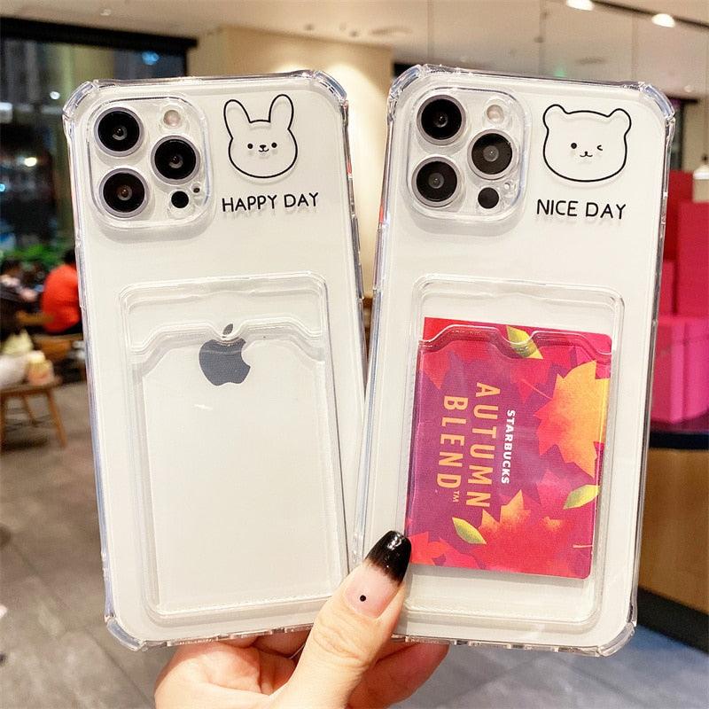 Coque de Téléphone Anti-choc Lapin Dessin Animé Ours Mignon pour iPhone 11 12 13 14 Pro Housse Souple Rigolote Ours Mignon Etui Souple et Mince avec Fente pour Cartes Esthétique Porte-Cartes