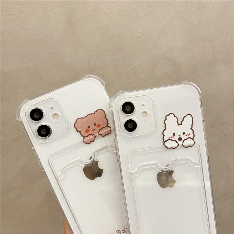 Coque de Téléphone Anti-choc Lapin Dessin Animé Ours Mignon pour iPhone 11 12 13 14 Pro Housse Souple Rigolote Ours Mignon Etui Souple et Mince avec Fente pour Cartes Esthétique Porte-Cartes