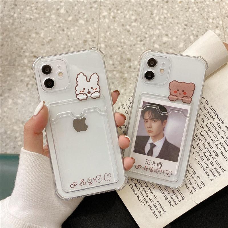 Coque de Téléphone Anti-choc Lapin Dessin Animé Ours Mignon pour iPhone 11 12 13 14 Pro Housse Souple Rigolote Ours Mignon Etui Souple et Mince avec Fente pour Cartes Esthétique Porte-Cartes