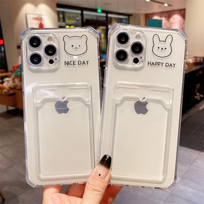 Coque de Téléphone Anti-choc Lapin Dessin Animé Ours Mignon pour iPhone 11 12 13 14 Pro Housse Souple Rigolote Ours Mignon Etui Souple et Mince avec Fente pour Cartes Esthétique Porte-Cartes