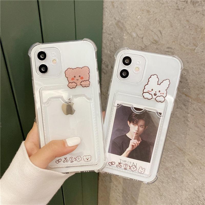 Coque de Téléphone Anti-choc Lapin Dessin Animé Ours Mignon pour iPhone 11 12 13 14 Pro Housse Souple Rigolote Ours Mignon Etui Souple et Mince avec Fente pour Cartes Esthétique Porte-Cartes
