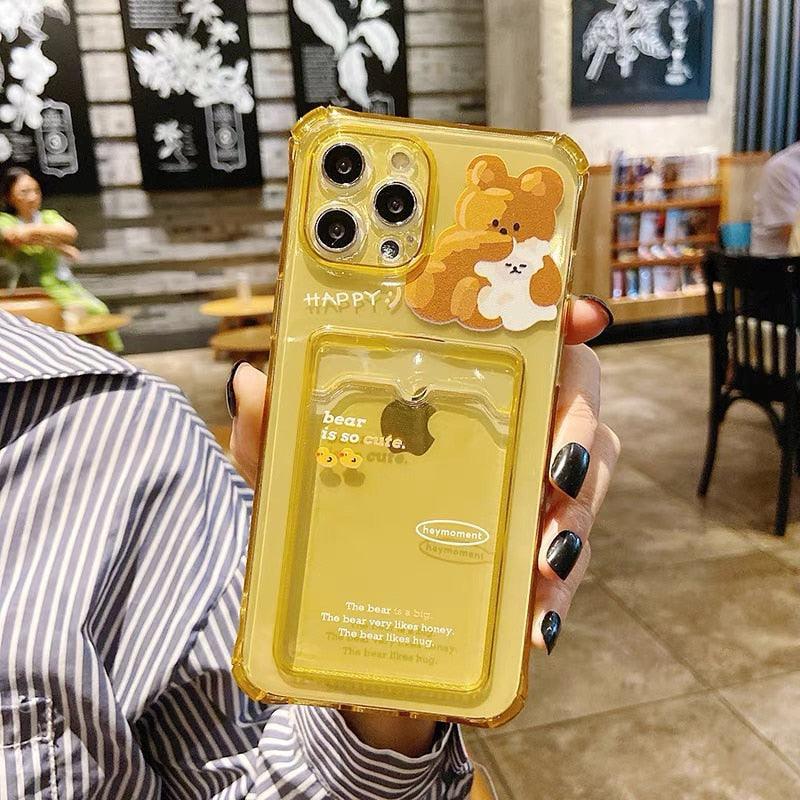 Coque de Téléphone Anti-choc Lapin Dessin Animé Ours Mignon pour iPhone 11 12 13 14 Pro Housse Souple Rigolote Ours Mignon Etui Souple et Mince avec Fente pour Cartes Esthétique Porte-Cartes