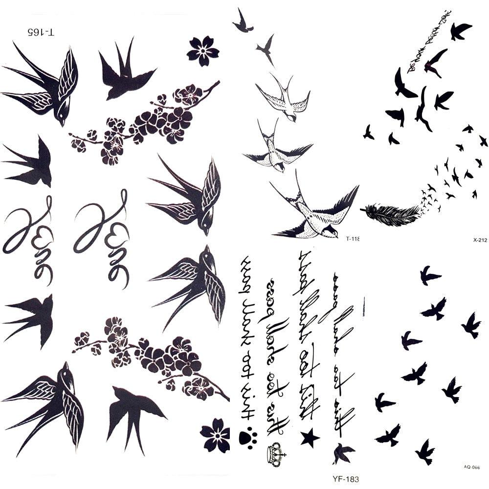 Autocollants temporaires mignons oiseaux noirs étanches tatouage fleur corps élégant oiseau papillon style pour femmes