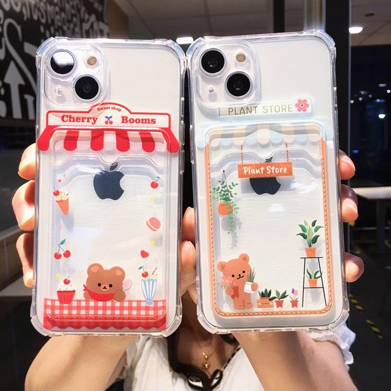 Étui de téléphone mignon dessin animé avec porte-cartes pour iPhone 14 Pro Max 13 12 11 X XR XS 7 8 Plus Coque de téléphone transparente antichoc au design unique et amusant