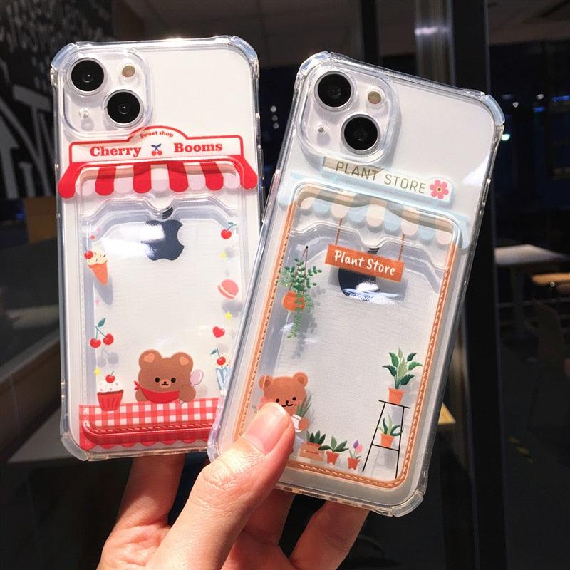 Étui de téléphone mignon dessin animé avec porte-cartes pour iPhone 14 Pro Max 13 12 11 X XR XS 7 8 Plus Coque de téléphone transparente antichoc au design unique et amusant
