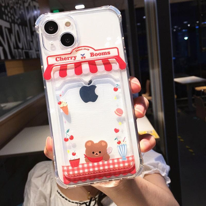 Étui de téléphone mignon dessin animé avec porte-cartes pour iPhone 14 Pro Max 13 12 11 X XR XS 7 8 Plus Coque de téléphone transparente antichoc au design unique et amusant