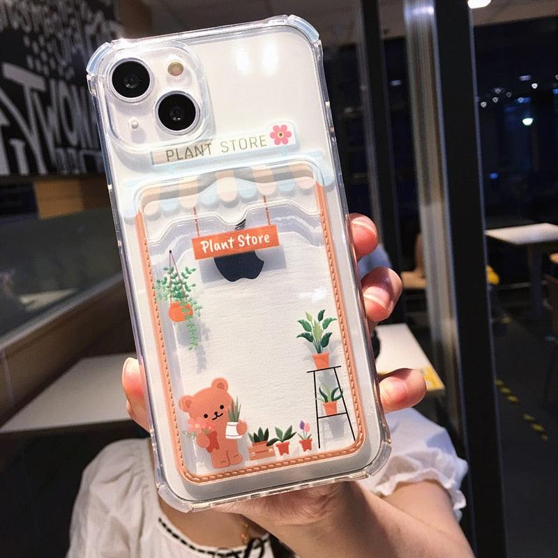 Étui de téléphone mignon dessin animé avec porte-cartes pour iPhone 14 Pro Max 13 12 11 X XR XS 7 8 Plus Coque de téléphone transparente antichoc au design unique et amusant