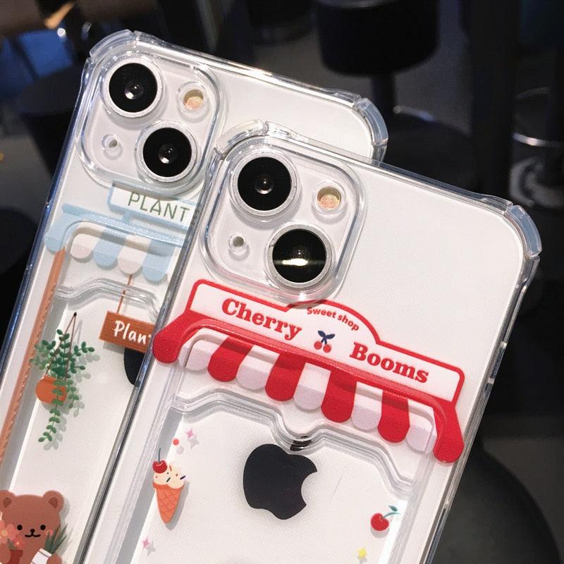 Étui de téléphone mignon dessin animé avec porte-cartes pour iPhone 14 Pro Max 13 12 11 X XR XS 7 8 Plus Coque de téléphone transparente antichoc au design unique et amusant