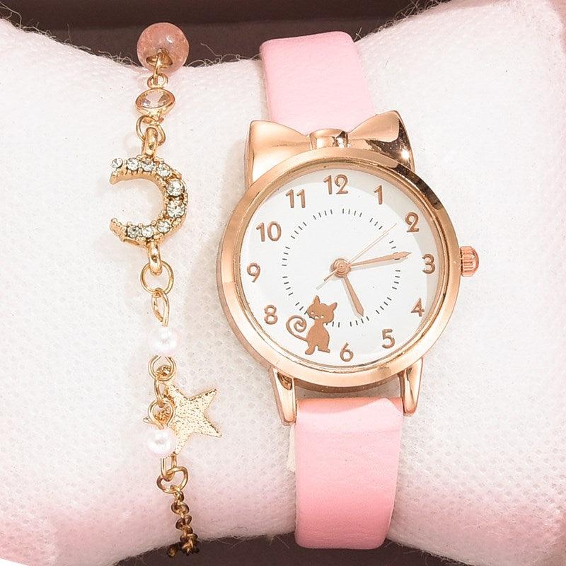 Mignonne Montre Chat Cadran Doré Mode Enfants Bracelet en Cuir Montre à Quartz Set Montre Bracelet Enfants Bracelet en Cuir Montres à Quartz de Luxe Montre Créative de Mode Pour Femmes Filles