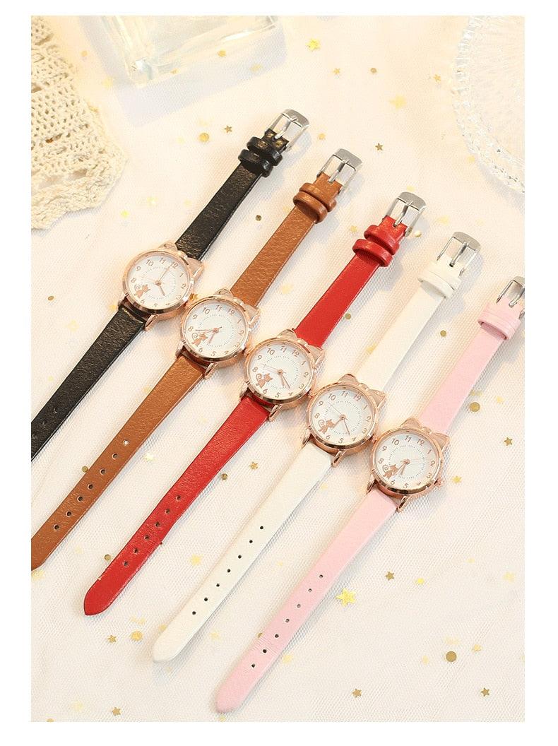 Mignonne Montre Chat Cadran Doré Mode Enfants Bracelet en Cuir Montre à Quartz Set Montre Bracelet Enfants Bracelet en Cuir Montres à Quartz de Luxe Montre Créative de Mode Pour Femmes Filles