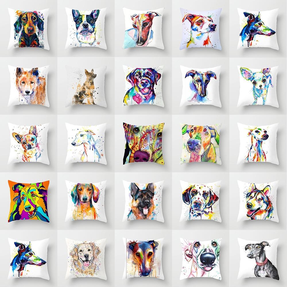 Jolie housse de coussin chien en peau de pêche, cadeau pour enfants, animaux, chiot, peinture, coton lin, housse de coussin carrée, housse d'oreiller animaux, décoration intérieure, taies d'oreiller 45x45CM