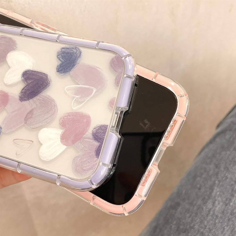 Mignon Cœur d'amour Housse de téléphone transparente antichoc douce pour iPhone 12 13 Pro Max Étui de protection arrière en silicone Mignon petit motif latéral pour femmes et filles Housse de protection antichoc en silicone souple
