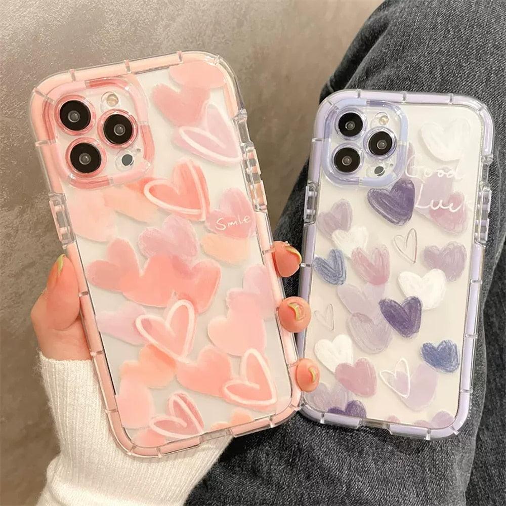 Mignon Cœur d'amour Housse de téléphone transparente antichoc douce pour iPhone 12 13 Pro Max Étui de protection arrière en silicone Mignon petit motif latéral pour femmes et filles Housse de protection antichoc en silicone souple