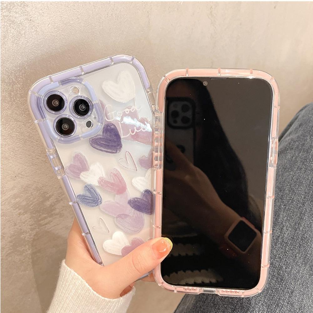 Mignon Cœur d'amour Housse de téléphone transparente antichoc douce pour iPhone 12 13 Pro Max Étui de protection arrière en silicone Mignon petit motif latéral pour femmes et filles Housse de protection antichoc en silicone souple