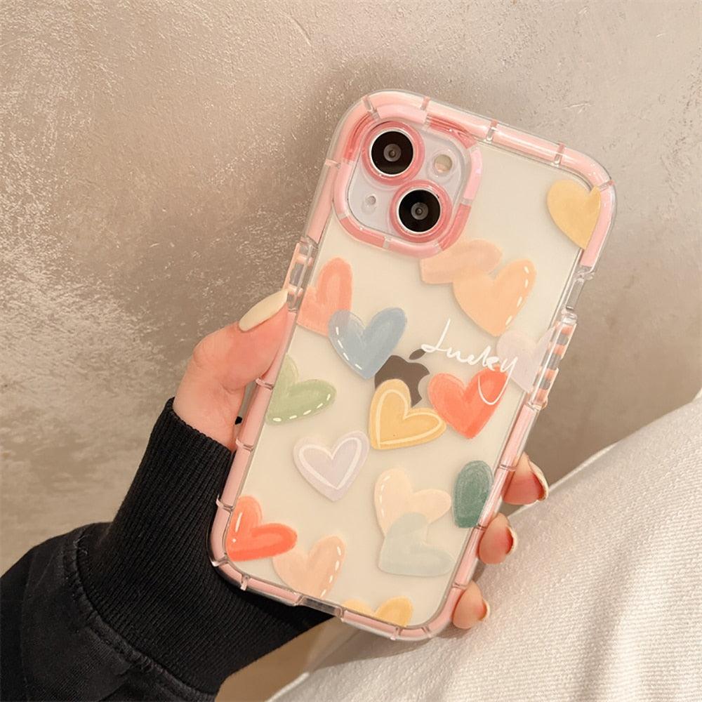Mignon Cœur d'amour Housse de téléphone transparente antichoc douce pour iPhone 12 13 Pro Max Étui de protection arrière en silicone Mignon petit motif latéral pour femmes et filles Housse de protection antichoc en silicone souple
