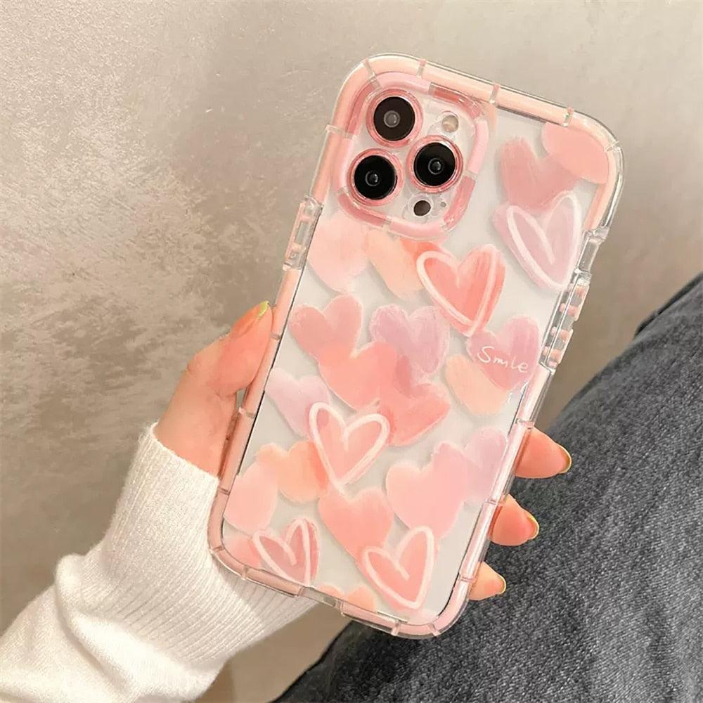 Mignon Cœur d'amour Housse de téléphone transparente antichoc douce pour iPhone 12 13 Pro Max Étui de protection arrière en silicone Mignon petit motif latéral pour femmes et filles Housse de protection antichoc en silicone souple