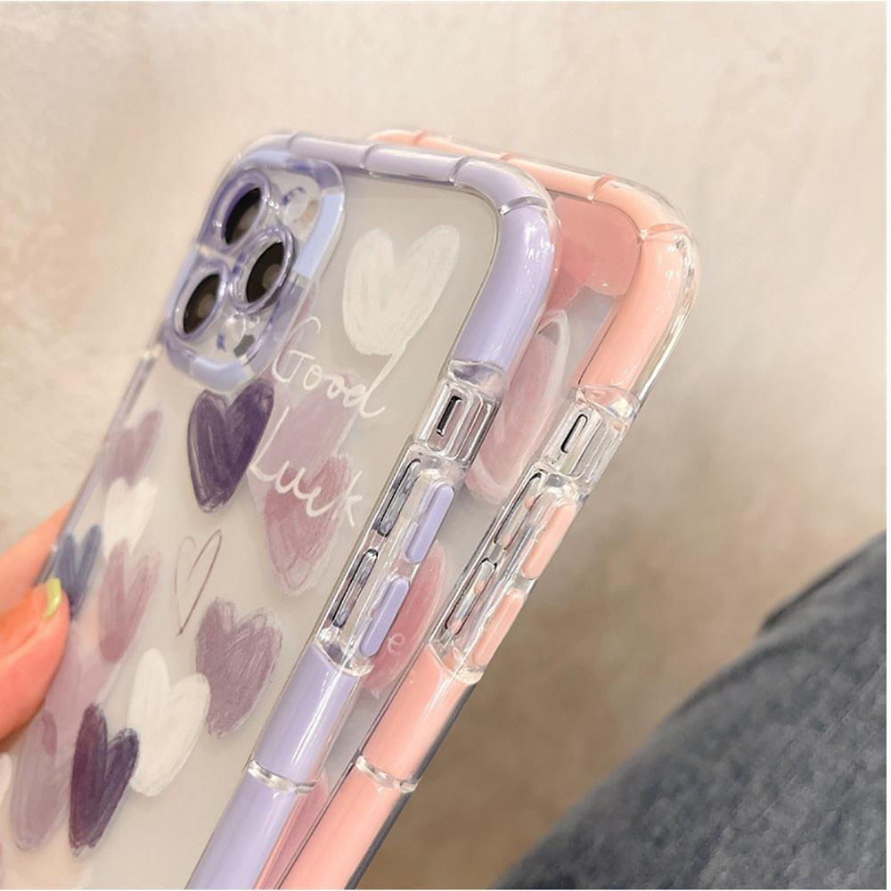 Mignon Cœur d'amour Housse de téléphone transparente antichoc douce pour iPhone 12 13 Pro Max Étui de protection arrière en silicone Mignon petit motif latéral pour femmes et filles Housse de protection antichoc en silicone souple