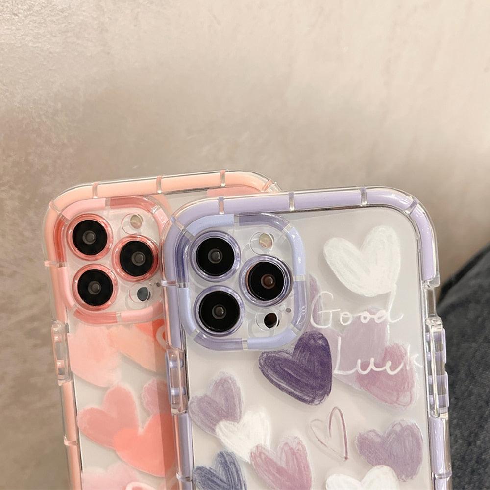 Mignon Cœur d'amour Housse de téléphone transparente antichoc douce pour iPhone 12 13 Pro Max Étui de protection arrière en silicone Mignon petit motif latéral pour femmes et filles Housse de protection antichoc en silicone souple