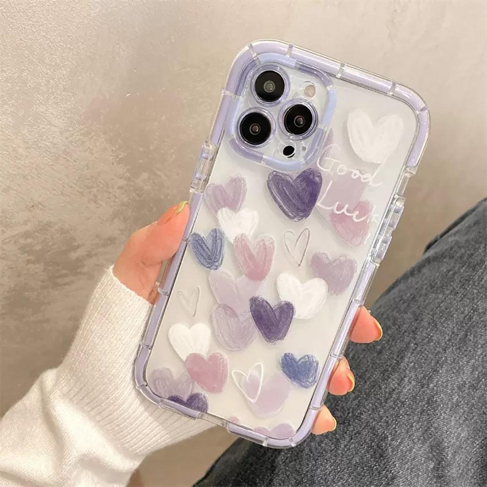 Mignon Cœur d'amour Housse de téléphone transparente antichoc douce pour iPhone 12 13 Pro Max Étui de protection arrière en silicone Mignon petit motif latéral pour femmes et filles Housse de protection antichoc en silicone souple