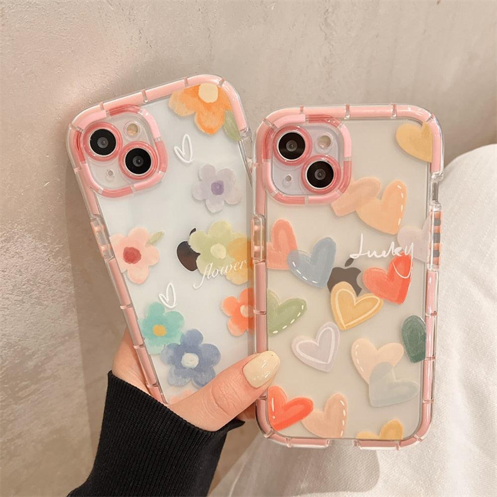 Mignon Cœur d'amour Housse de téléphone transparente antichoc douce pour iPhone 12 13 Pro Max Étui de protection arrière en silicone Mignon petit motif latéral pour femmes et filles Housse de protection antichoc en silicone souple