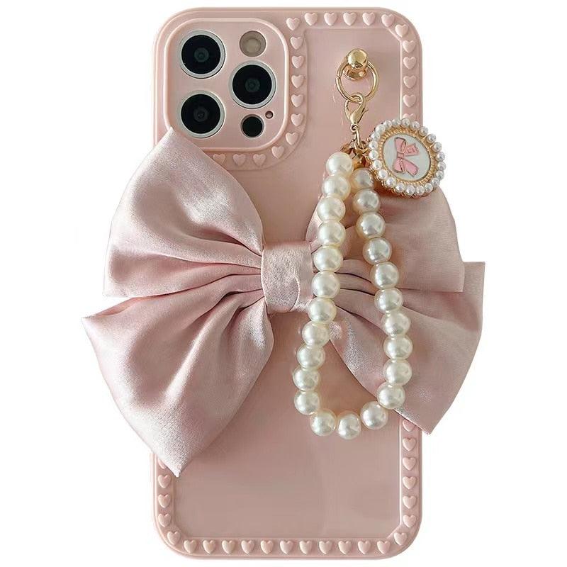 Mignonne Coque de Téléphone Élegante Anti-chute en Perles et Nœud 3D pour iPhone 11 12 13 Pro Max 7 8 Plus Xr X Xs Se, Coque de Téléphone Idéale avec Chaîne de Perles et Nœud pour iPhone