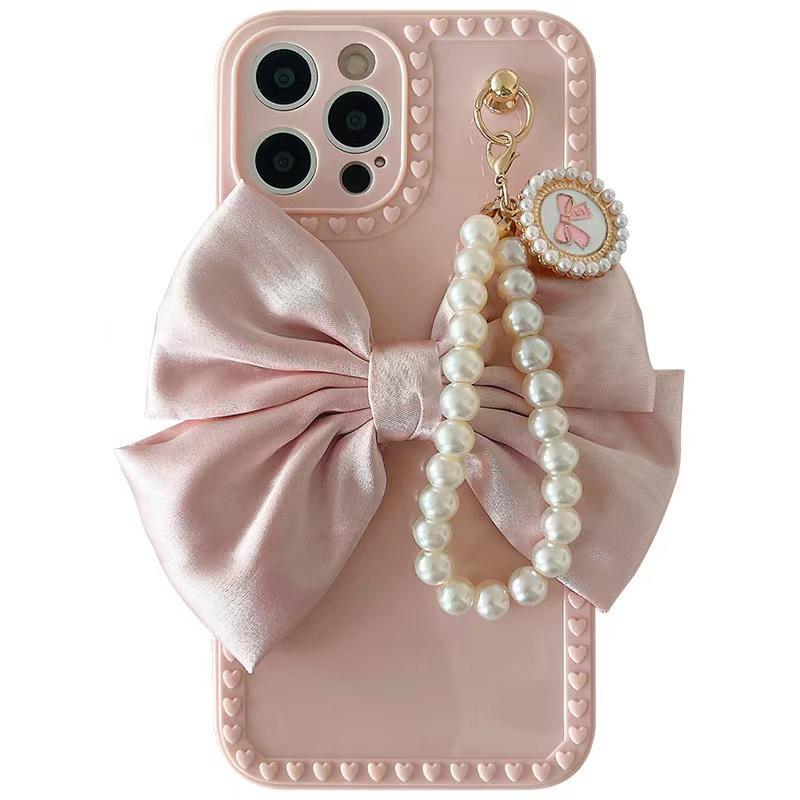 Mignonne Coque de Téléphone Élegante Anti-chute en Perles et Nœud 3D pour iPhone 11 12 13 Pro Max 7 8 Plus Xr X Xs Se, Coque de Téléphone Idéale avec Chaîne de Perles et Nœud pour iPhone