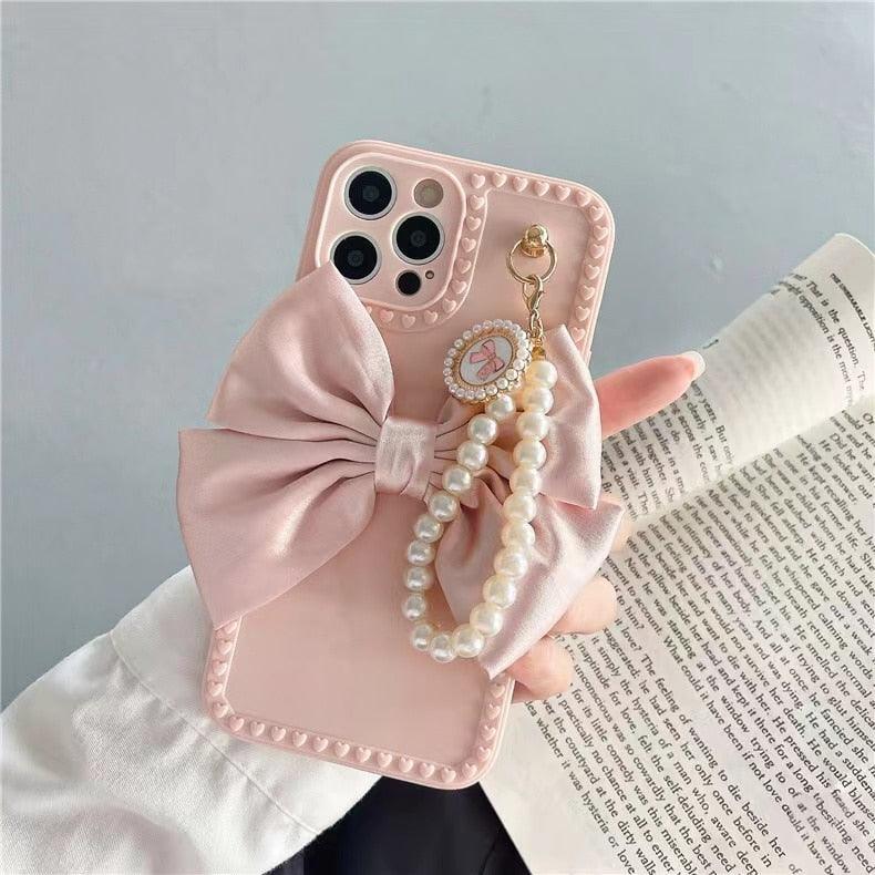 Mignonne Coque de Téléphone Élegante Anti-chute en Perles et Nœud 3D pour iPhone 11 12 13 Pro Max 7 8 Plus Xr X Xs Se, Coque de Téléphone Idéale avec Chaîne de Perles et Nœud pour iPhone