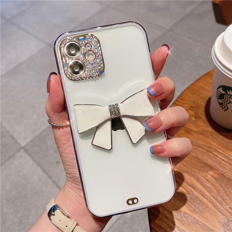 Mignonne Coque de Téléphone Élegante Anti-chute en Perles et Nœud 3D pour iPhone 11 12 13 Pro Max 7 8 Plus Xr X Xs Se, Coque de Téléphone Idéale avec Chaîne de Perles et Nœud pour iPhone