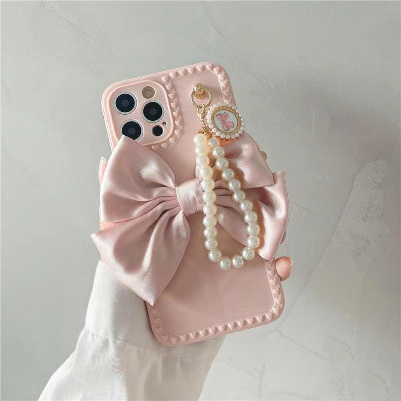 Mignonne Coque de Téléphone Élegante Anti-chute en Perles et Nœud 3D pour iPhone 11 12 13 Pro Max 7 8 Plus Xr X Xs Se, Coque de Téléphone Idéale avec Chaîne de Perles et Nœud pour iPhone