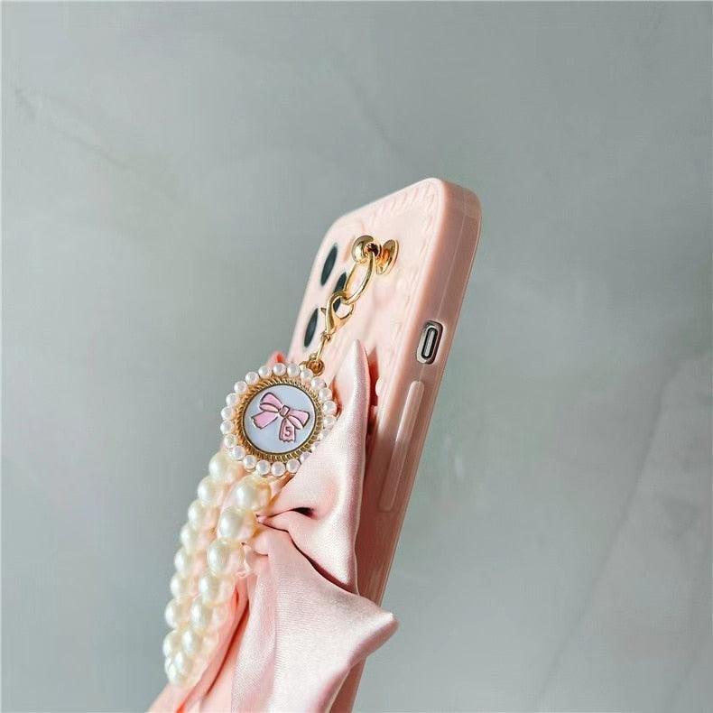 Mignonne Coque de Téléphone Élegante Anti-chute en Perles et Nœud 3D pour iPhone 11 12 13 Pro Max 7 8 Plus Xr X Xs Se, Coque de Téléphone Idéale avec Chaîne de Perles et Nœud pour iPhone