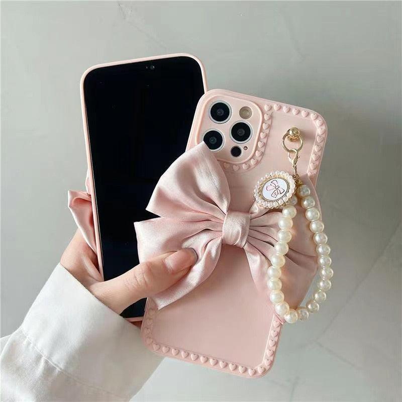 Mignonne Coque de Téléphone Élegante Anti-chute en Perles et Nœud 3D pour iPhone 11 12 13 Pro Max 7 8 Plus Xr X Xs Se, Coque de Téléphone Idéale avec Chaîne de Perles et Nœud pour iPhone