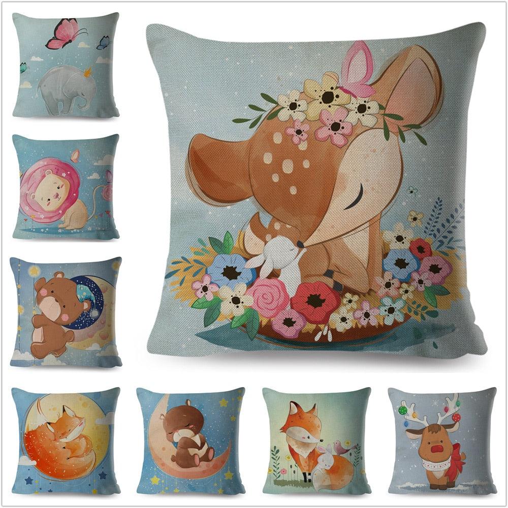 Housse de coussin mignonne girafe renard renne dessin animé animal nordique en polyester coton pour canapé, maison, chambre d'enfant, housses de coussin décoratives animaux de la forêt en coton, décoration de chambre de bébé, taie d'oreiller standard