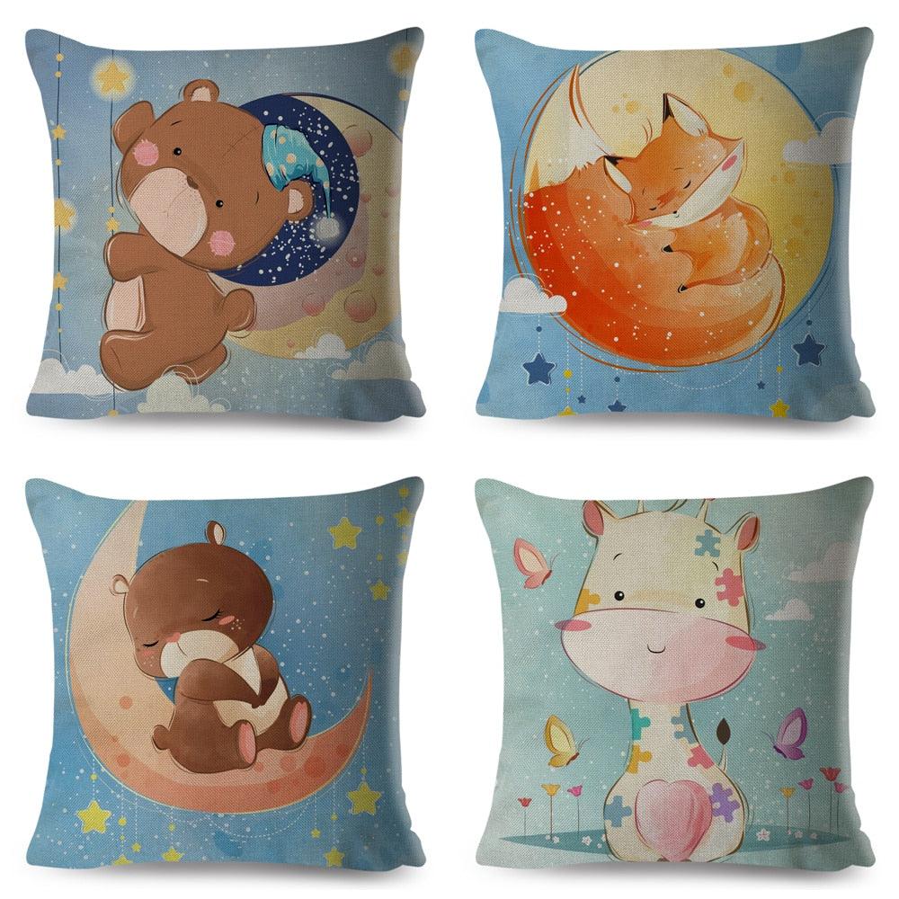 Housse de coussin mignonne girafe renard renne dessin animé animal nordique en polyester coton pour canapé, maison, chambre d'enfant, housses de coussin décoratives animaux de la forêt en coton, décoration de chambre de bébé, taie d'oreiller standard