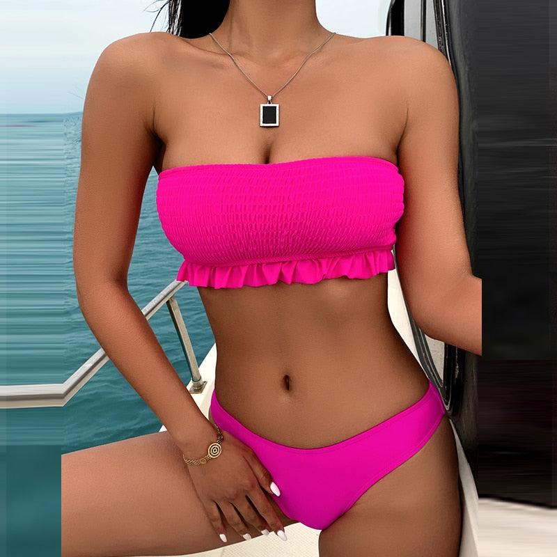 Maillot de bain deux pièces bikini bustier en dentelle rose mignon, maillot de bain femme avec armature, ensemble bikini échancré pour femme, maillot de bain deux pièces push-up, maillot de bain d'été, tenue de plage.