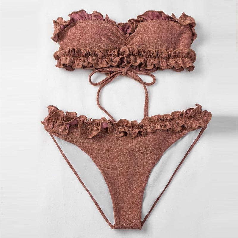 Maillot de bain deux pièces bikini bustier en dentelle rose mignon, maillot de bain femme avec armature, ensemble bikini échancré pour femme, maillot de bain deux pièces push-up, maillot de bain d'été, tenue de plage.