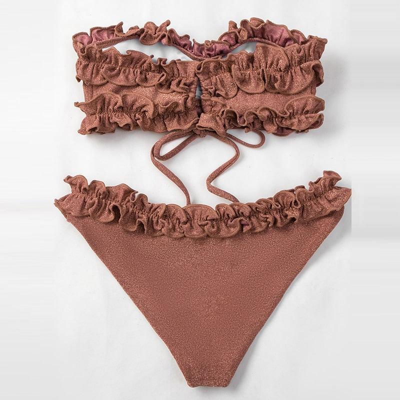 Maillot de bain deux pièces bikini bustier en dentelle rose mignon, maillot de bain femme avec armature, ensemble bikini échancré pour femme, maillot de bain deux pièces push-up, maillot de bain d'été, tenue de plage.