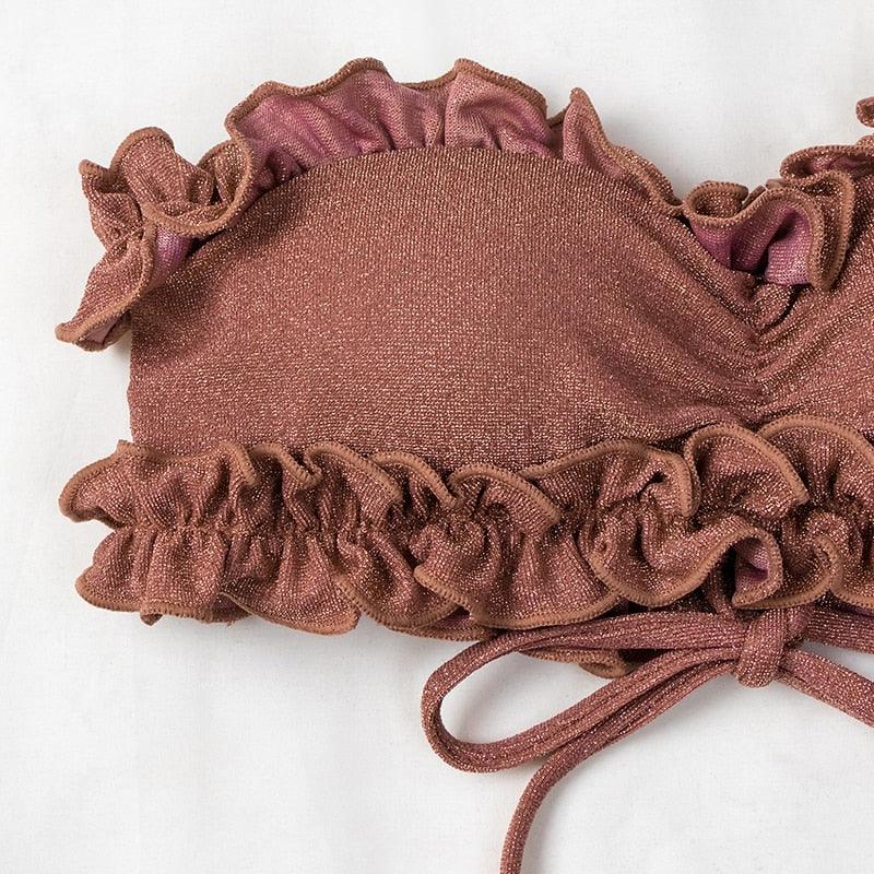 Maillot de bain deux pièces bikini bustier en dentelle rose mignon, maillot de bain femme avec armature, ensemble bikini échancré pour femme, maillot de bain deux pièces push-up, maillot de bain d'été, tenue de plage.