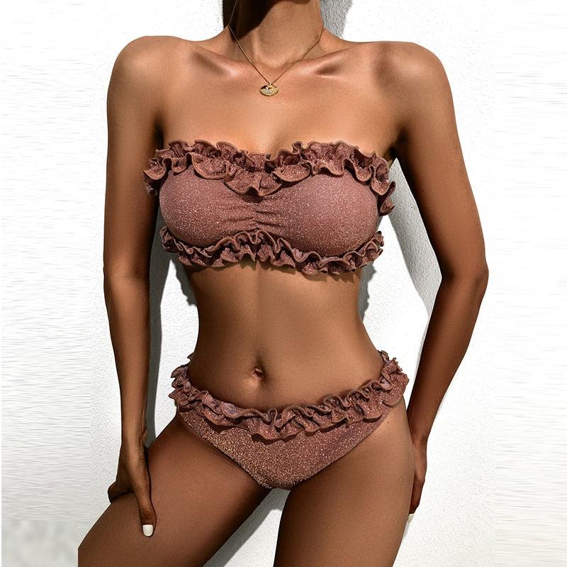Maillot de bain deux pièces bikini bustier en dentelle rose mignon, maillot de bain femme avec armature, ensemble bikini échancré pour femme, maillot de bain deux pièces push-up, maillot de bain d'été, tenue de plage.