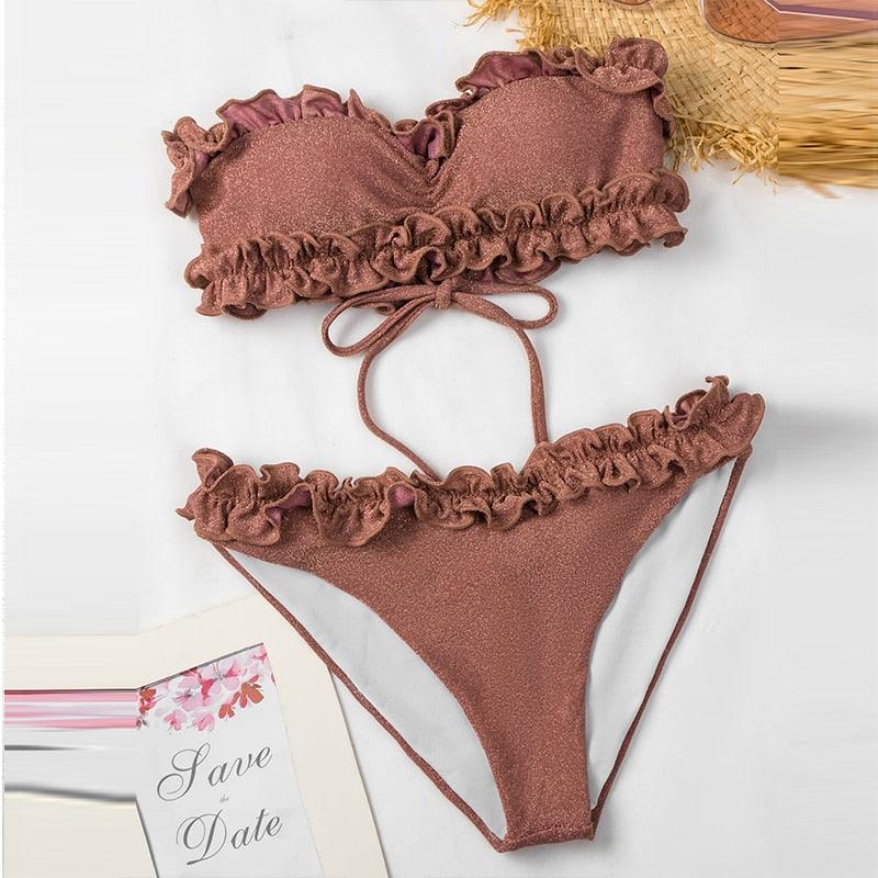Maillot de bain deux pièces bikini bustier en dentelle rose mignon, maillot de bain femme avec armature, ensemble bikini échancré pour femme, maillot de bain deux pièces push-up, maillot de bain d'été, tenue de plage.