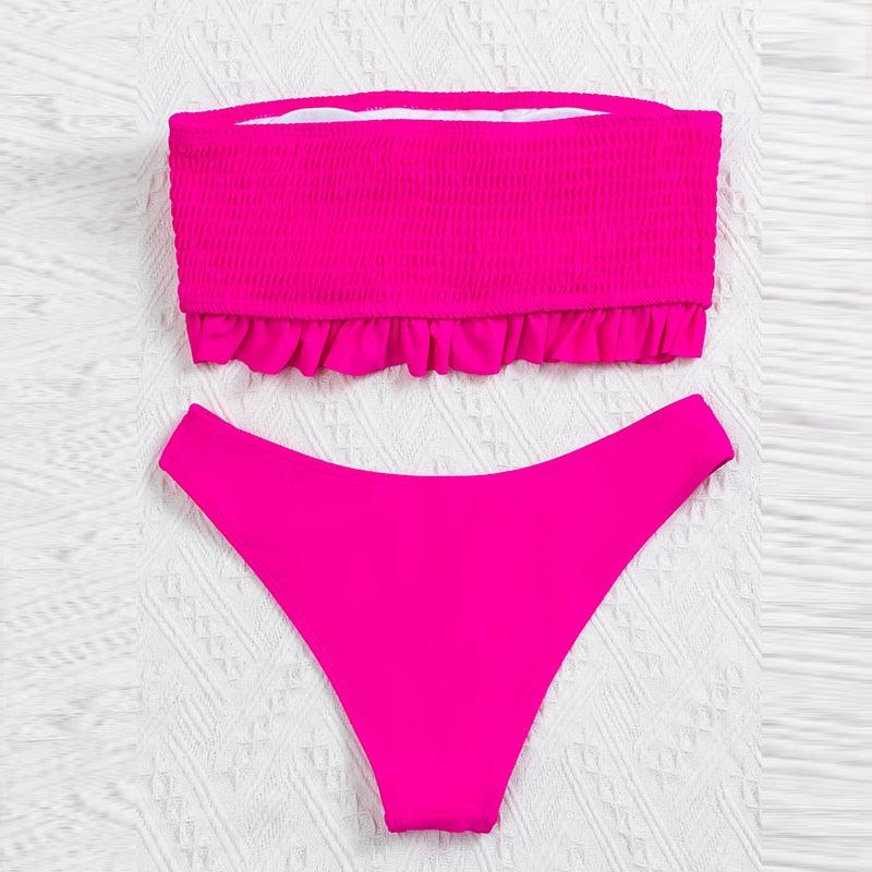 Maillot de bain deux pièces bikini bustier en dentelle rose mignon, maillot de bain femme avec armature, ensemble bikini échancré pour femme, maillot de bain deux pièces push-up, maillot de bain d'été, tenue de plage.