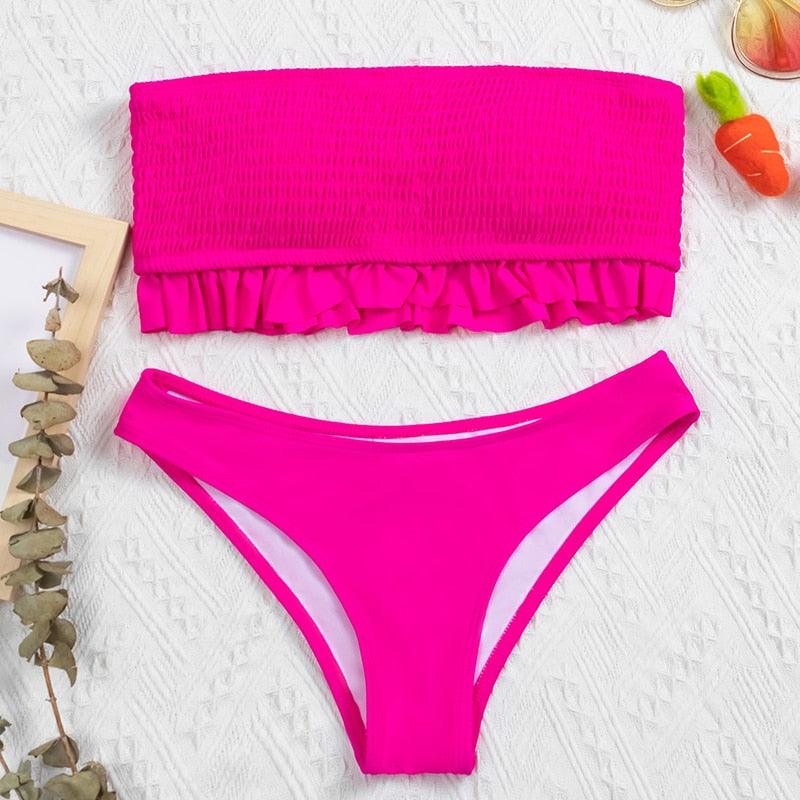 Maillot de bain deux pièces bikini bustier en dentelle rose mignon, maillot de bain femme avec armature, ensemble bikini échancré pour femme, maillot de bain deux pièces push-up, maillot de bain d'été, tenue de plage.