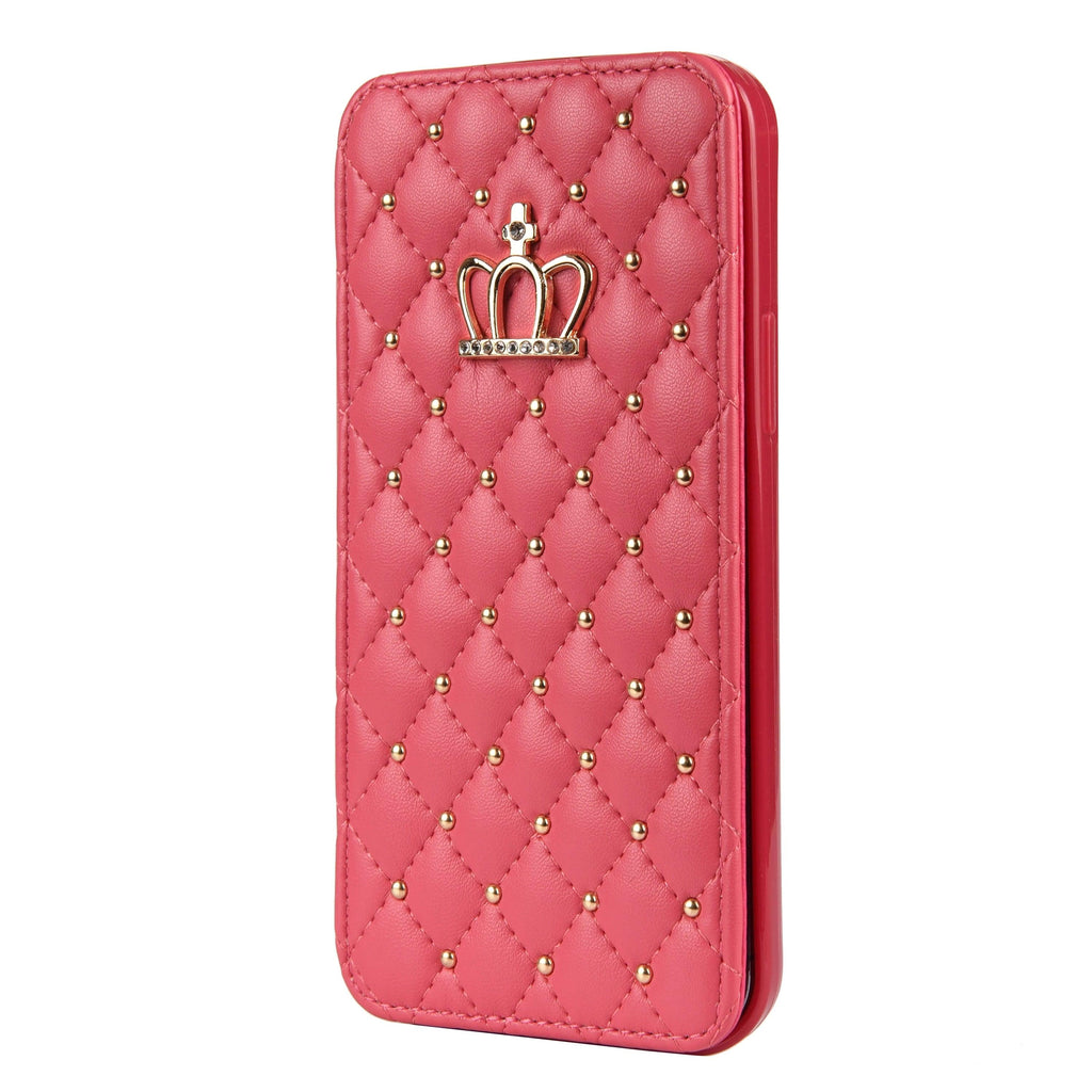 Jolie coque de téléphone à rabat en cuir rose pour iPhone 14 13 12 Pro Max 11 Xr Xs X avec motif couronne pour 7 8 Plus, pochette pour cartes, absorption des chocs, protection complète, fonction de support horizontal, étui portefeuille en cuir.