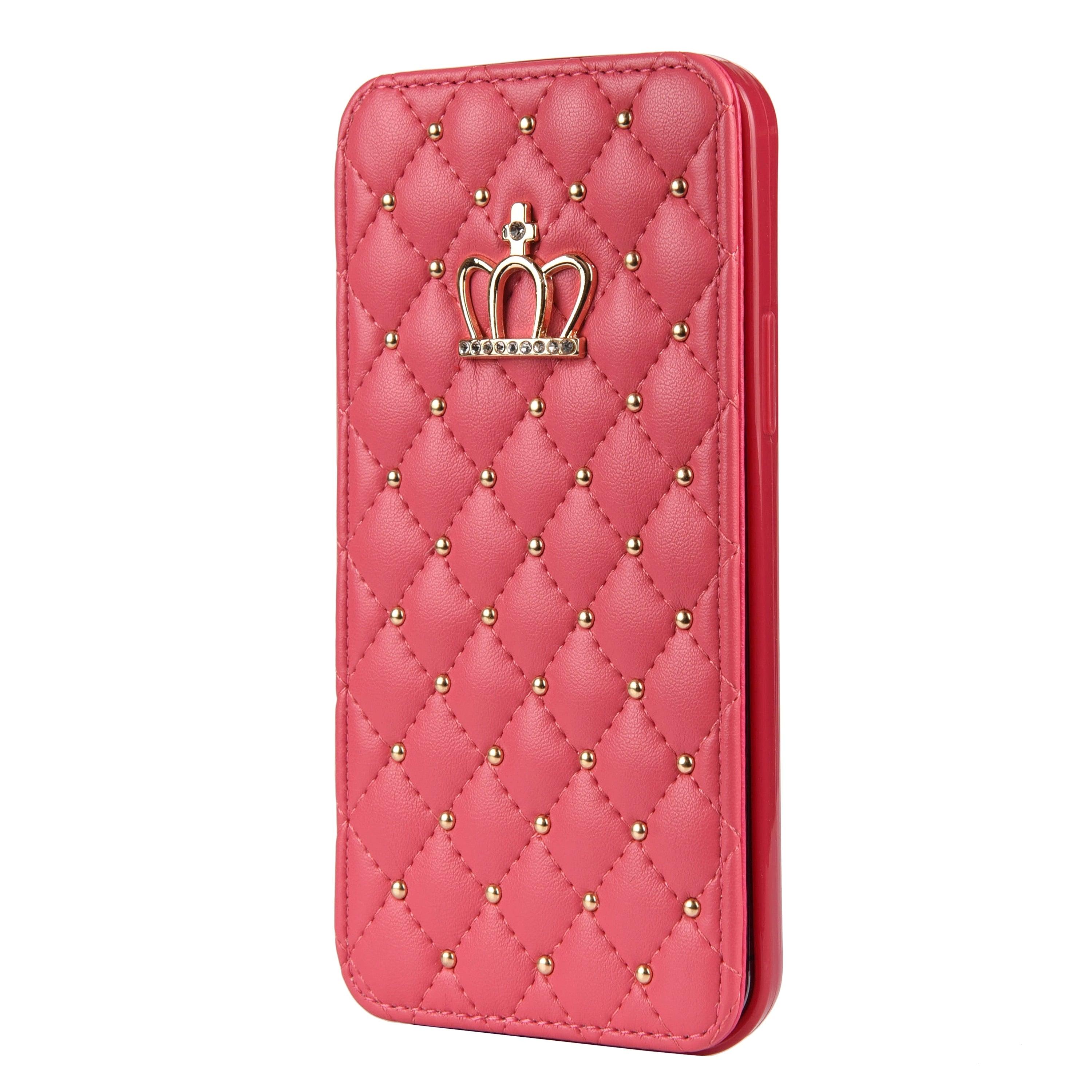 Jolie coque de téléphone à rabat en cuir rose pour iPhone 14 13 12 Pro Max 11 Xr Xs X avec motif couronne pour 7 8 Plus, pochette pour cartes, absorption des chocs, protection complète, fonction de support horizontal, étui portefeuille en cuir.