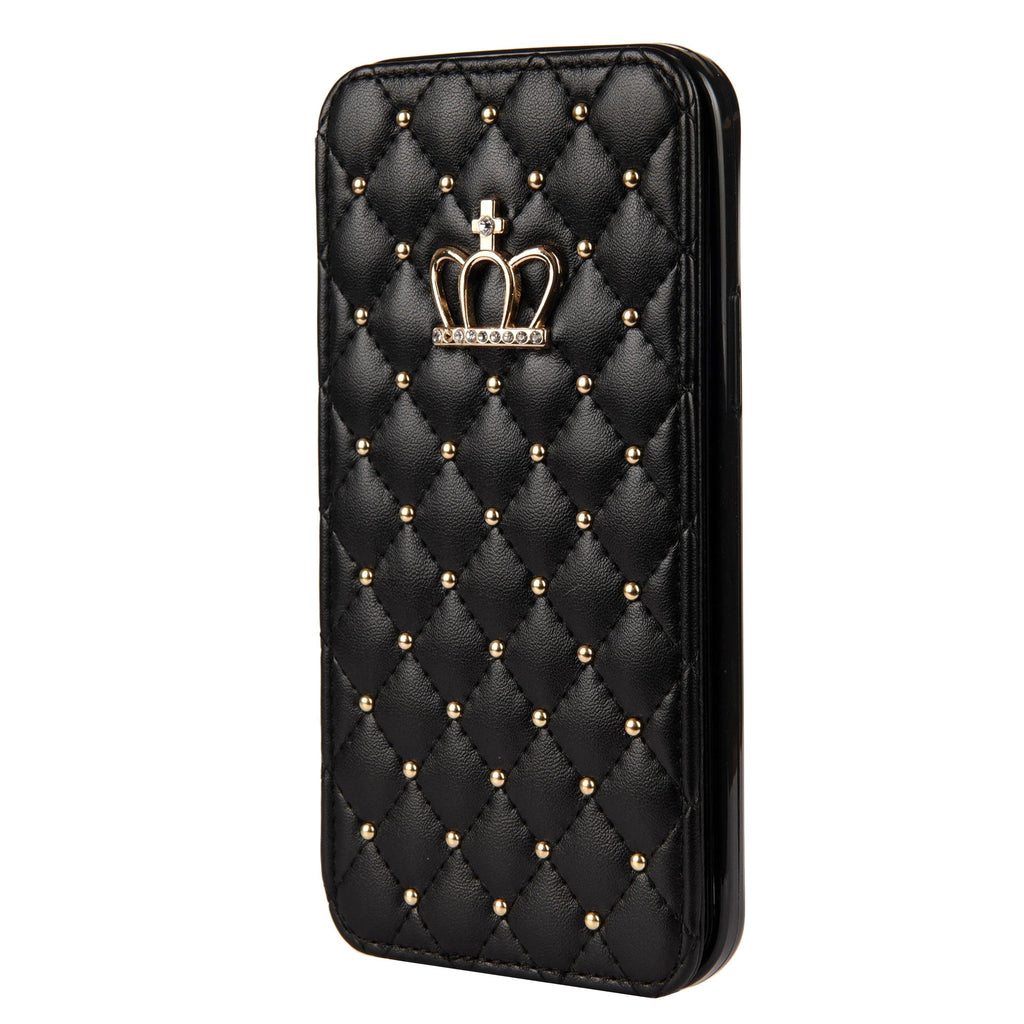 Jolie coque de téléphone à rabat en cuir rose pour iPhone 14 13 12 Pro Max 11 Xr Xs X avec motif couronne pour 7 8 Plus, pochette pour cartes, absorption des chocs, protection complète, fonction de support horizontal, étui portefeuille en cuir.